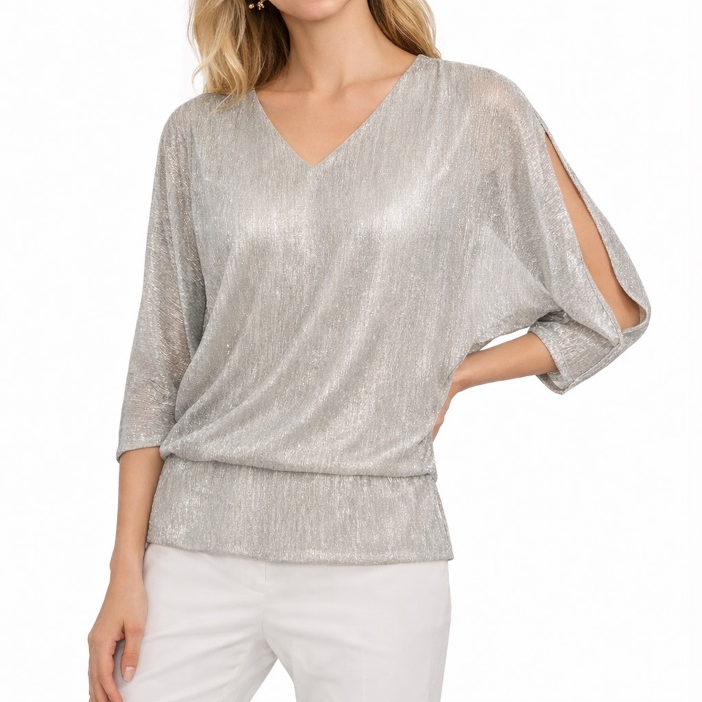 Chaus Silver Metallic Cold Shoulder Blouson V-Neck Top Size M